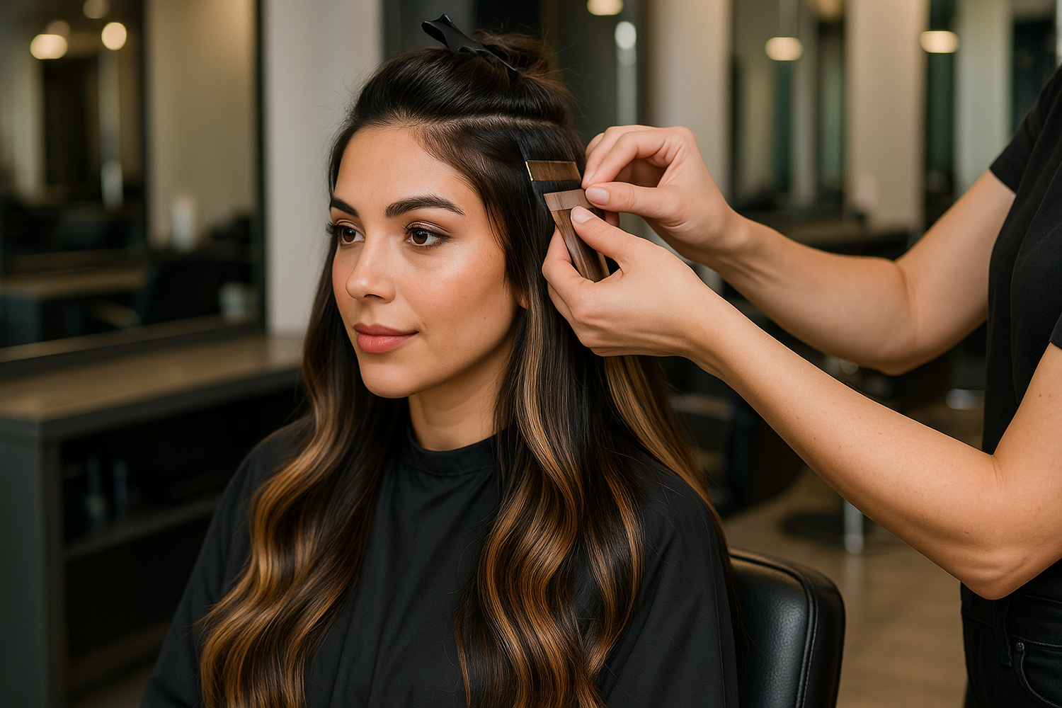 tape in hair extension installation effect balayage and latin model